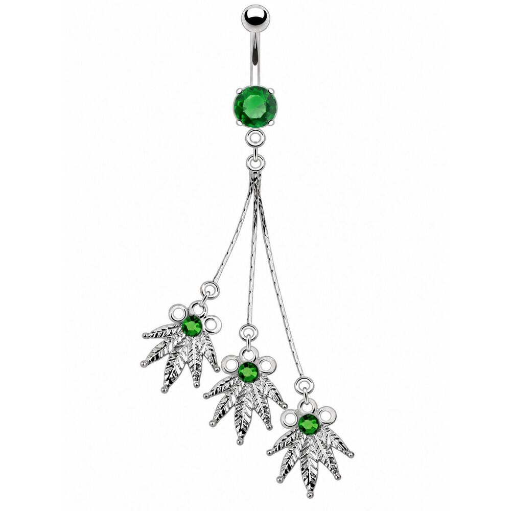 Hollywood Body Jewelry Green Triple Pot Leaf Dangle Navel Ring NEW